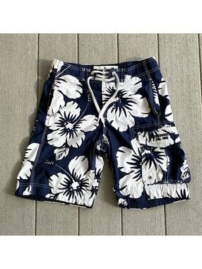 Abercrombie Floral Board Shorts Mens Medium Navy White Hibiscus SwimTrunks